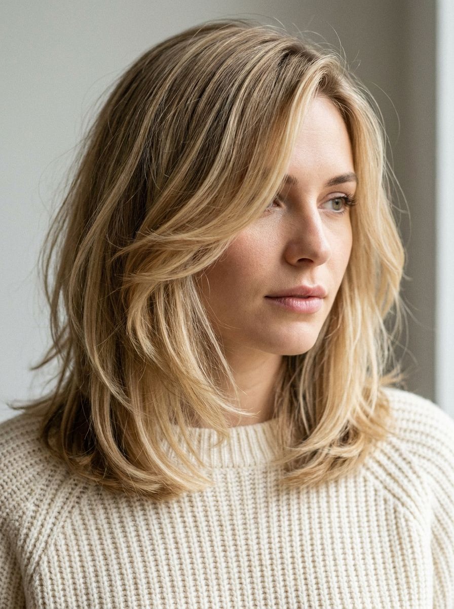 Blonder Stufenschnitt mit Seitenscheitel - Stufenschnitt mittellang blond